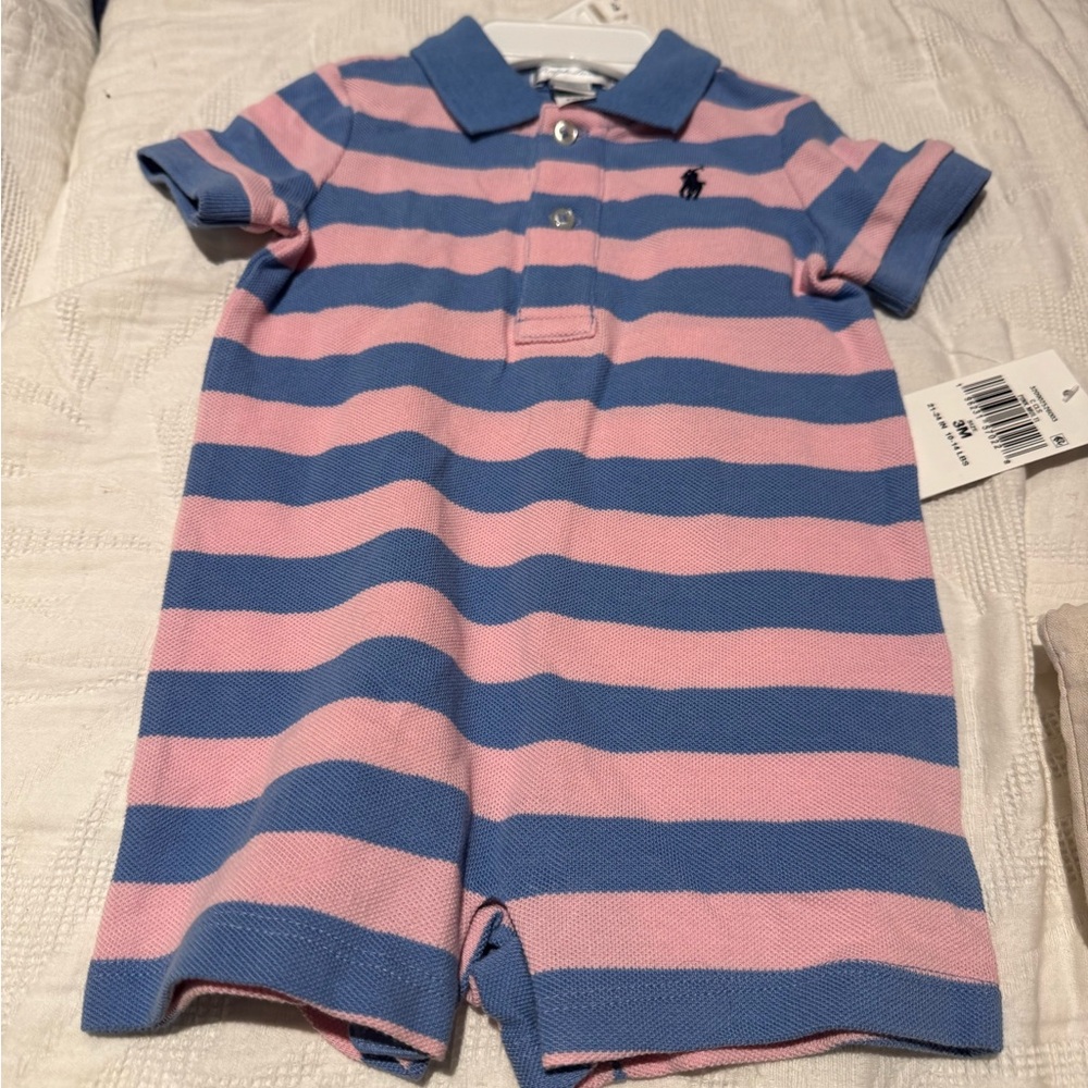 NWT Ralph Lauren Baby Romper in Pink and Blue 3M